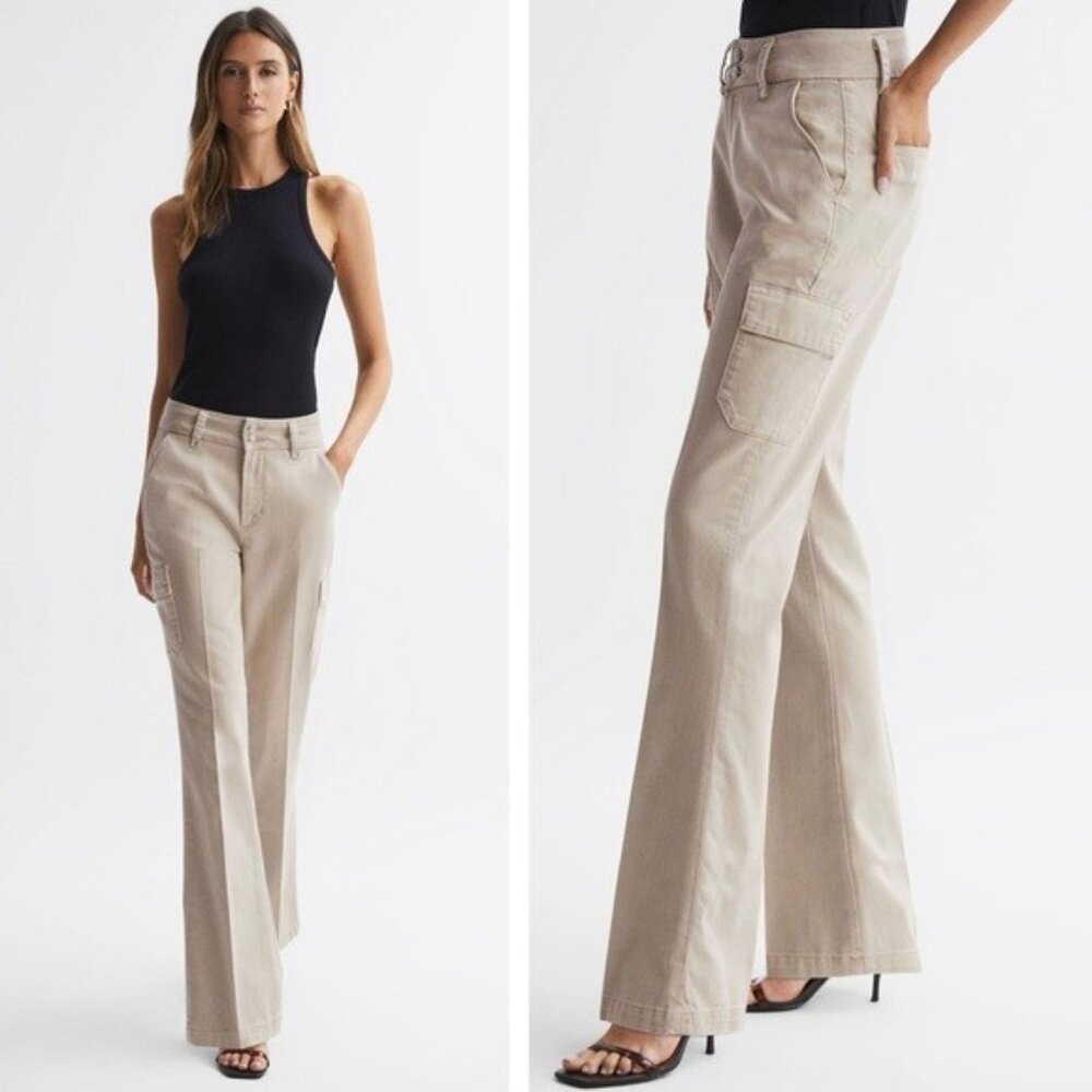 NWOT PAIGE DION High Rise Cargo Pocket Boot Cut Jeans Pants Vintage Warm Sand 29